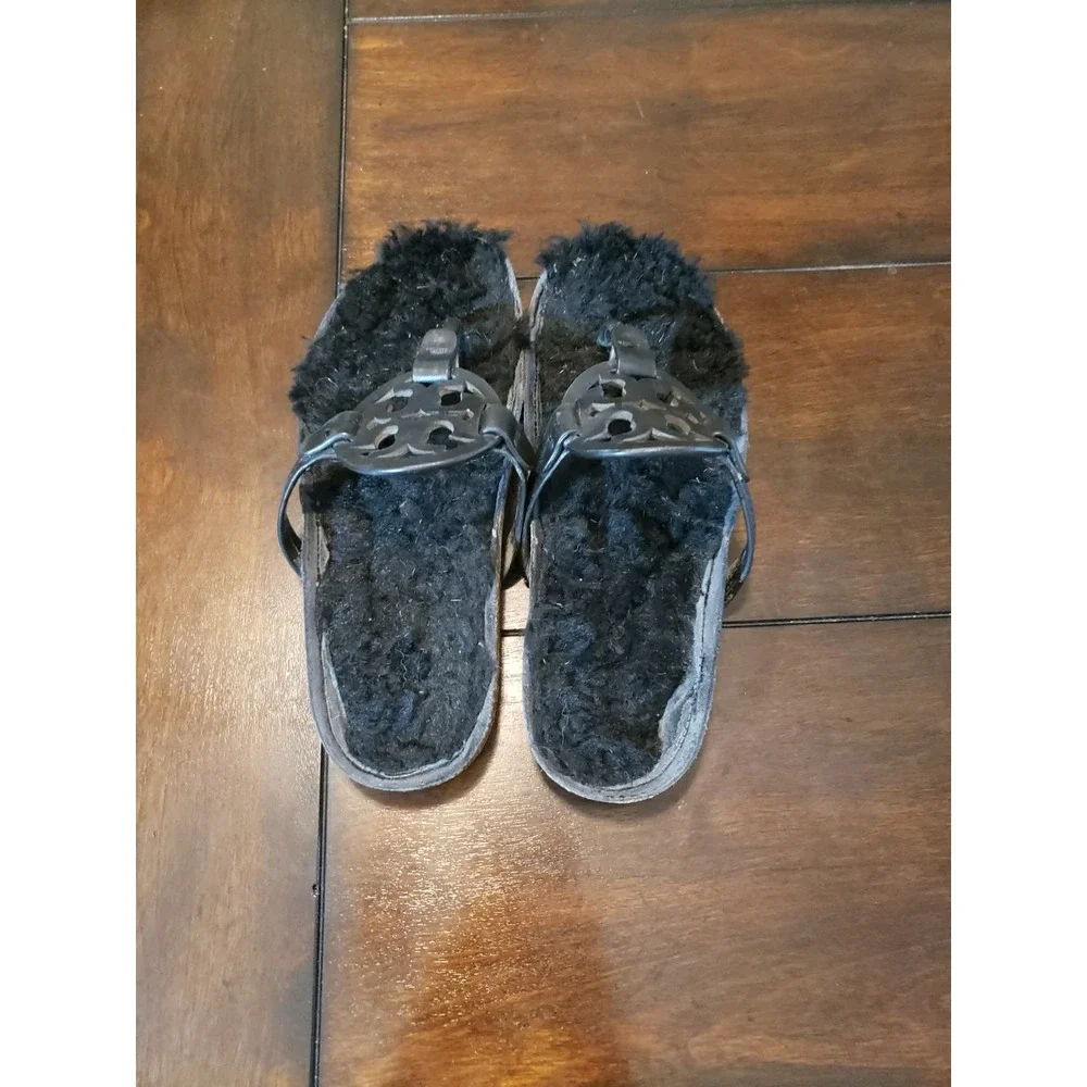 Tory‎ Burch MILLER CLOUD Cork Sandals Shearling Size 7 Black